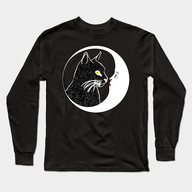 Black Cat Kissing Crescent Moon Face Long Sleeve T-Shirt by Manzo Carey